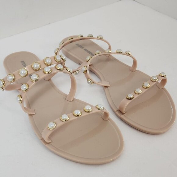 Steve Madden Women's Beige Strappy Flat Sandals Pearl Accents Open Toes, sz 8 - Picture 4 of 8
